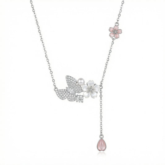 925 Sterling Silver Elegant Butterfly and Cherry Blossom Silver Necklace with Pink Pendant