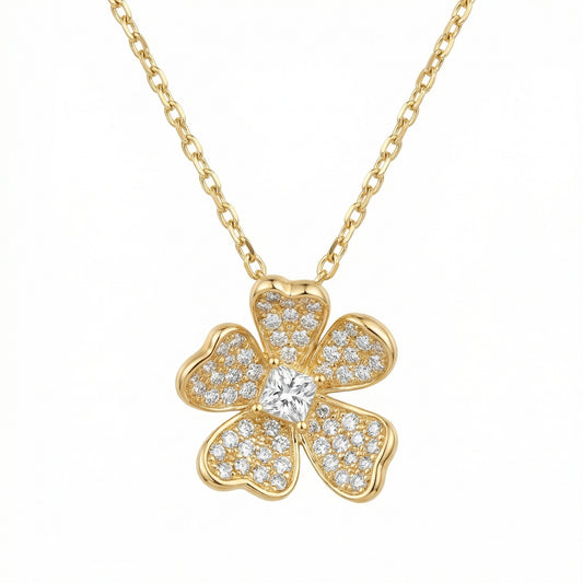 925 Sterling Silver Elegant Five-Petal Diamond Bloom Pendant Necklace with Shimmering Central Stone