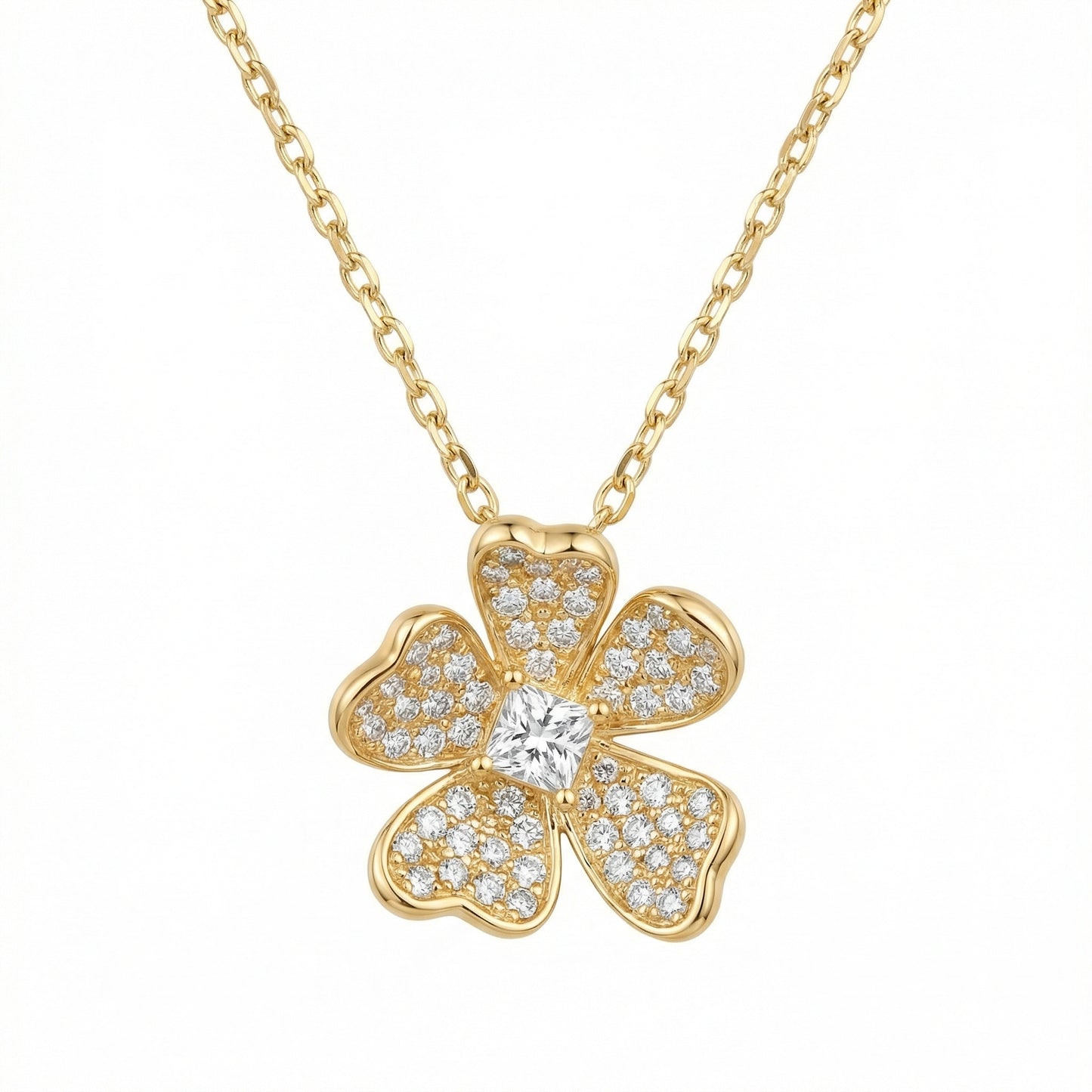925 Sterling Silver Elegant Five-Petal Diamond Bloom Pendant Necklace with Shimmering Central Stone