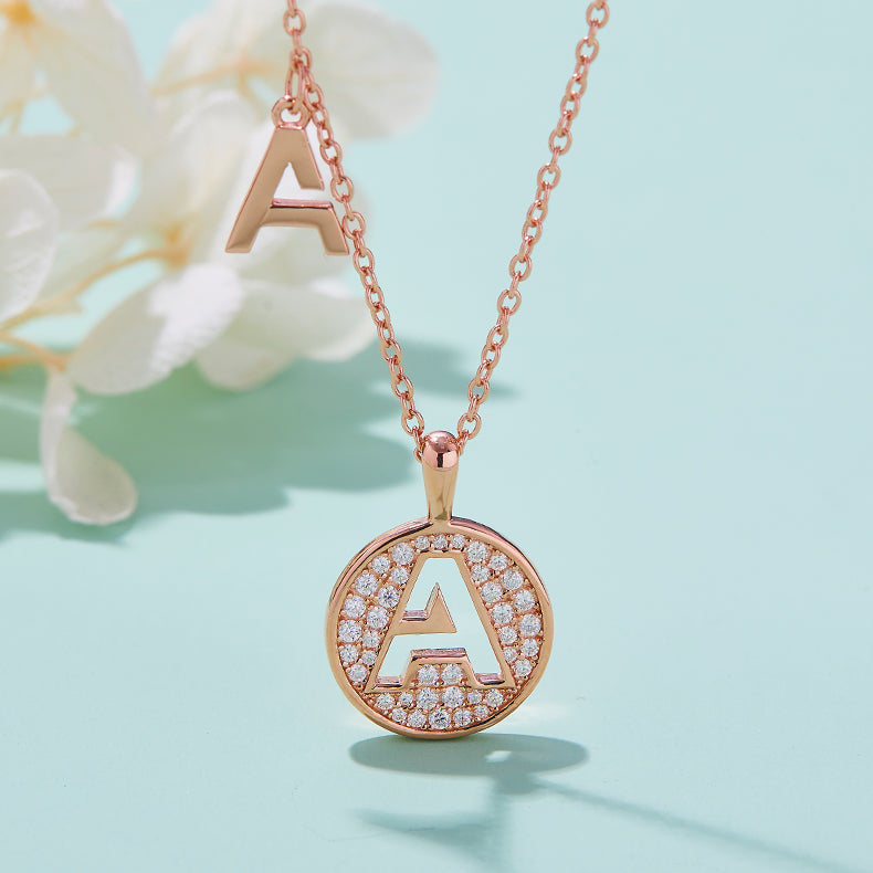 Luxury Initial Letter Necklace Pendant – A , S925 Silver Rose Gold Plated with Top-Quality Brilliant Moissanite