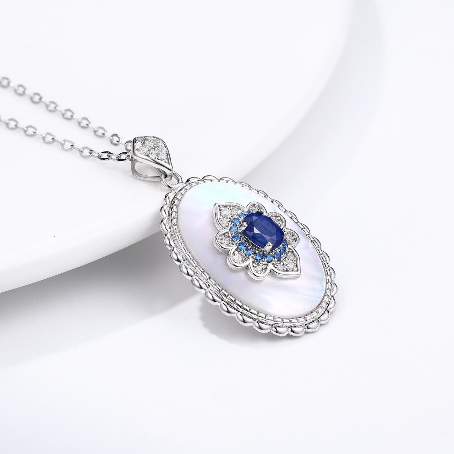Women’s 925 Sterling Silver Necklace with Sapphire & Diamond Pendant
