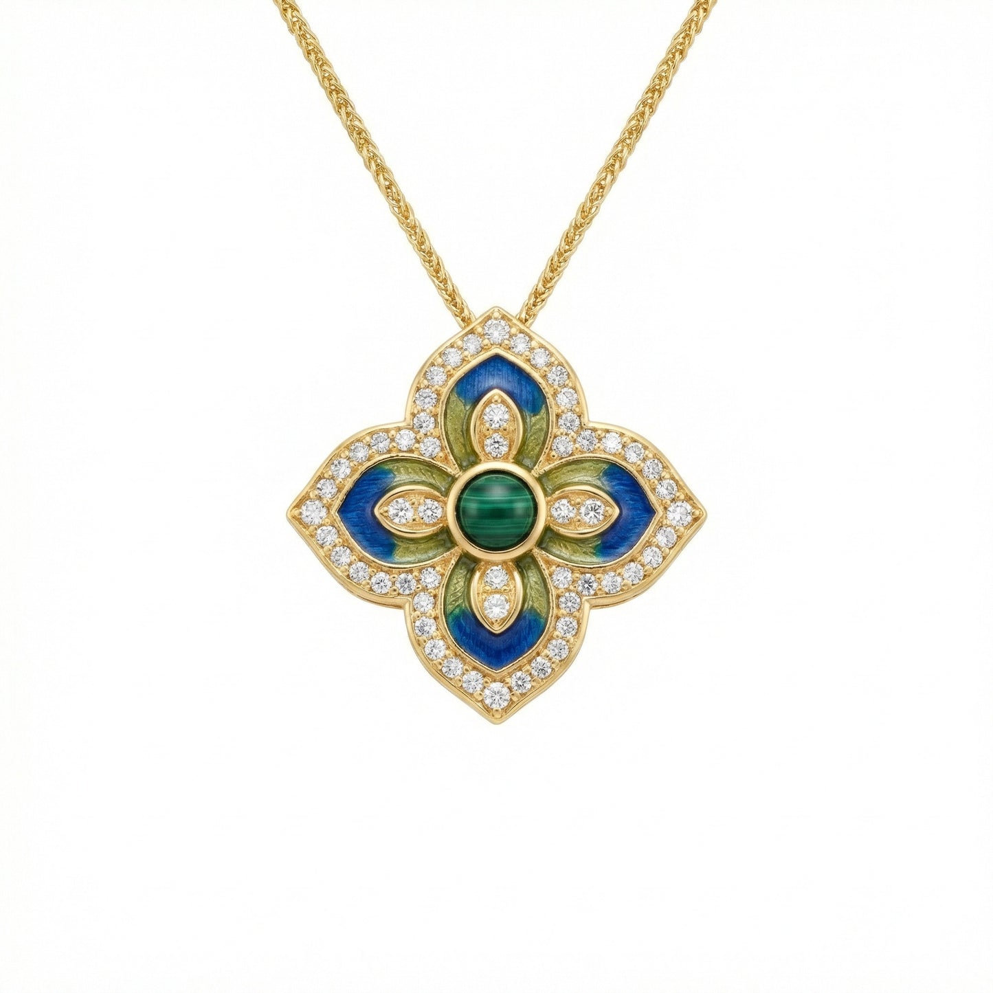 925 Sterling Silver Luxury Yellow Gold Malachite & Diamond Quatrefoil Pendant Necklace – Enamel Floral Design Statement Jewelry