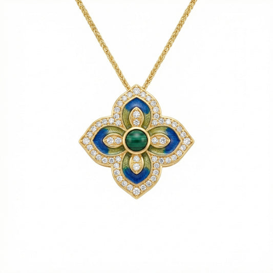 925 Sterling Silver Luxury Yellow Gold Malachite & Diamond Quatrefoil Pendant Necklace – Enamel Floral Design Statement Jewelry