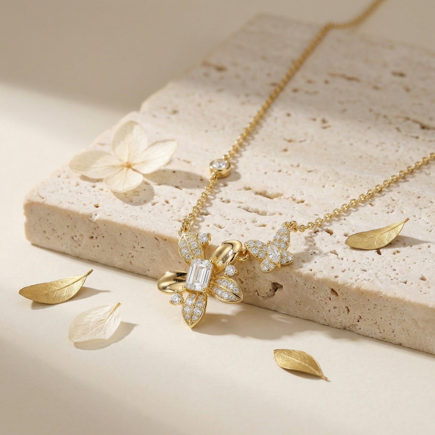 925 Sterling Silver Exquisite Diamond Flower and Butterfly Pendant Necklace with Emerald-Cut Centerpiece and Bezel-Set Accents