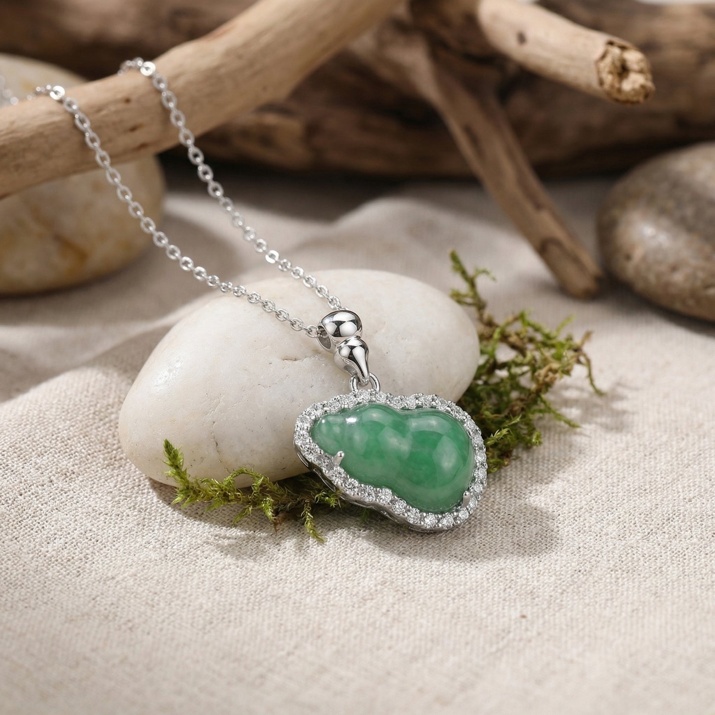 925 Sterling Silver Green Jadeite Hulu Gourd Pendant Necklace with Diamond Halo Surround