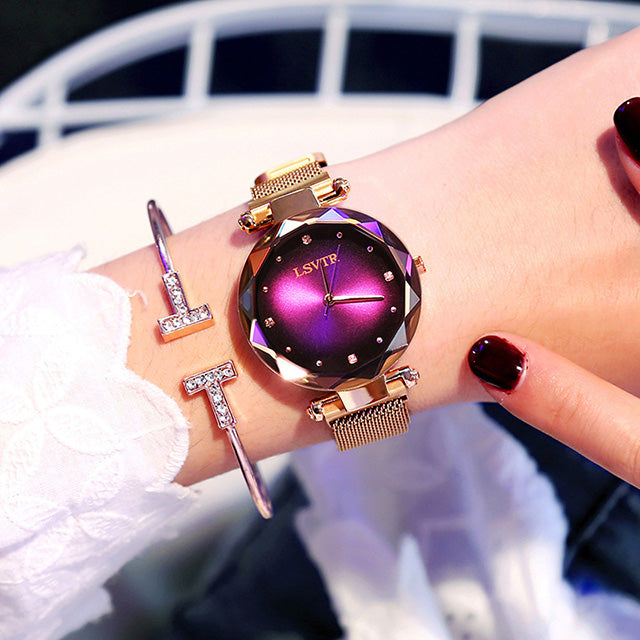 Women’s Fashion Rose Gold Starry Sky Watch, Diamond Dial & Magnetic Strap