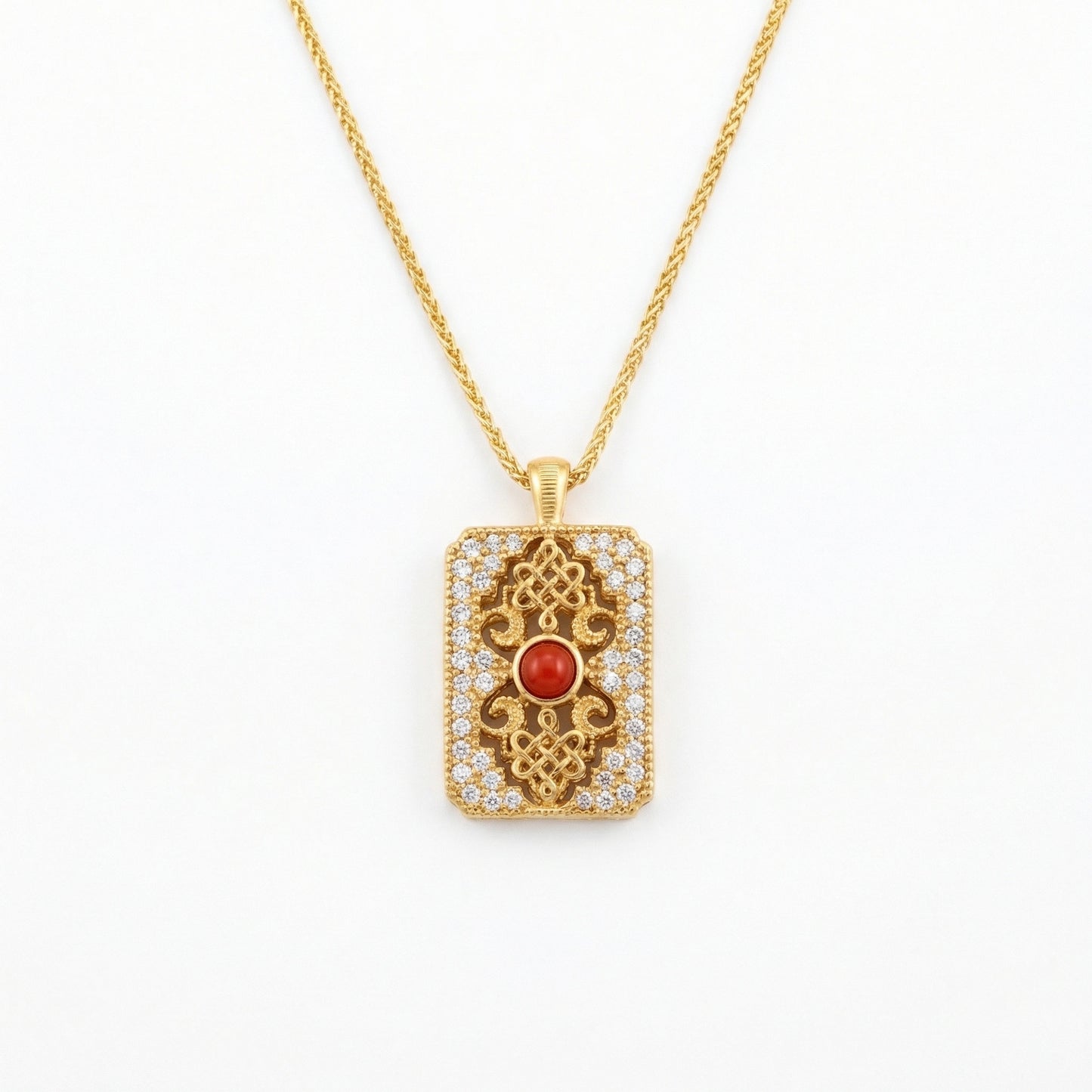 925 Sterling Silver Ornate Rectangular Filigree Pendant Necklace with Central Red Gemstone and Shimmering Accents