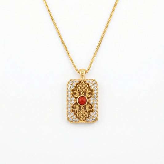 925 Sterling Silver Ornate Rectangular Filigree Pendant Necklace with Central Red Gemstone and Shimmering Accents
