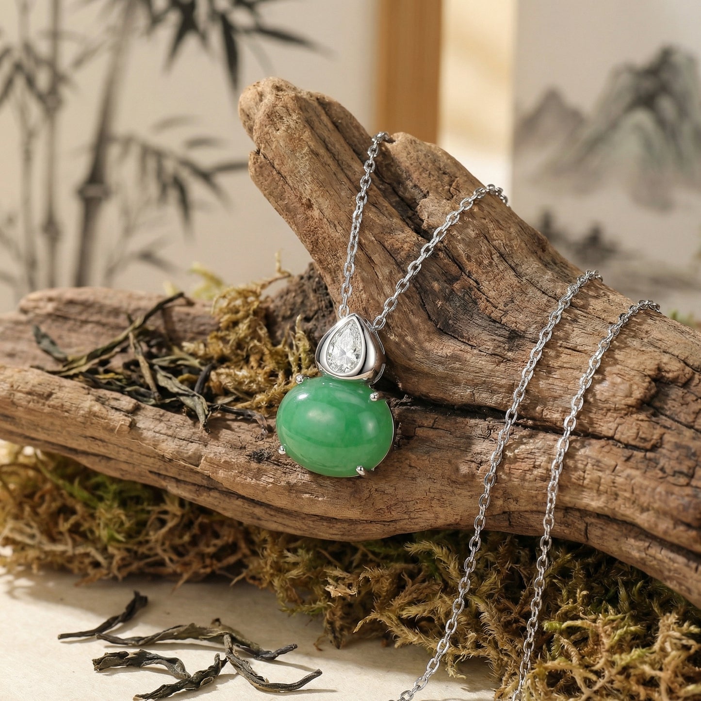 925 Sterling Silver Pear-Cut Diamond and Green Jadeite Cabochon Gourd Pendant Necklace