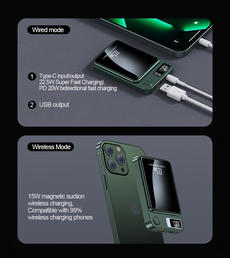 Ultra-Thin Magnetic Wireless Power Bank 10000mAh – 22.5W Super Fast Charging, PD 20W, 15W Wireless, LED Display, USB-C & Dual USB