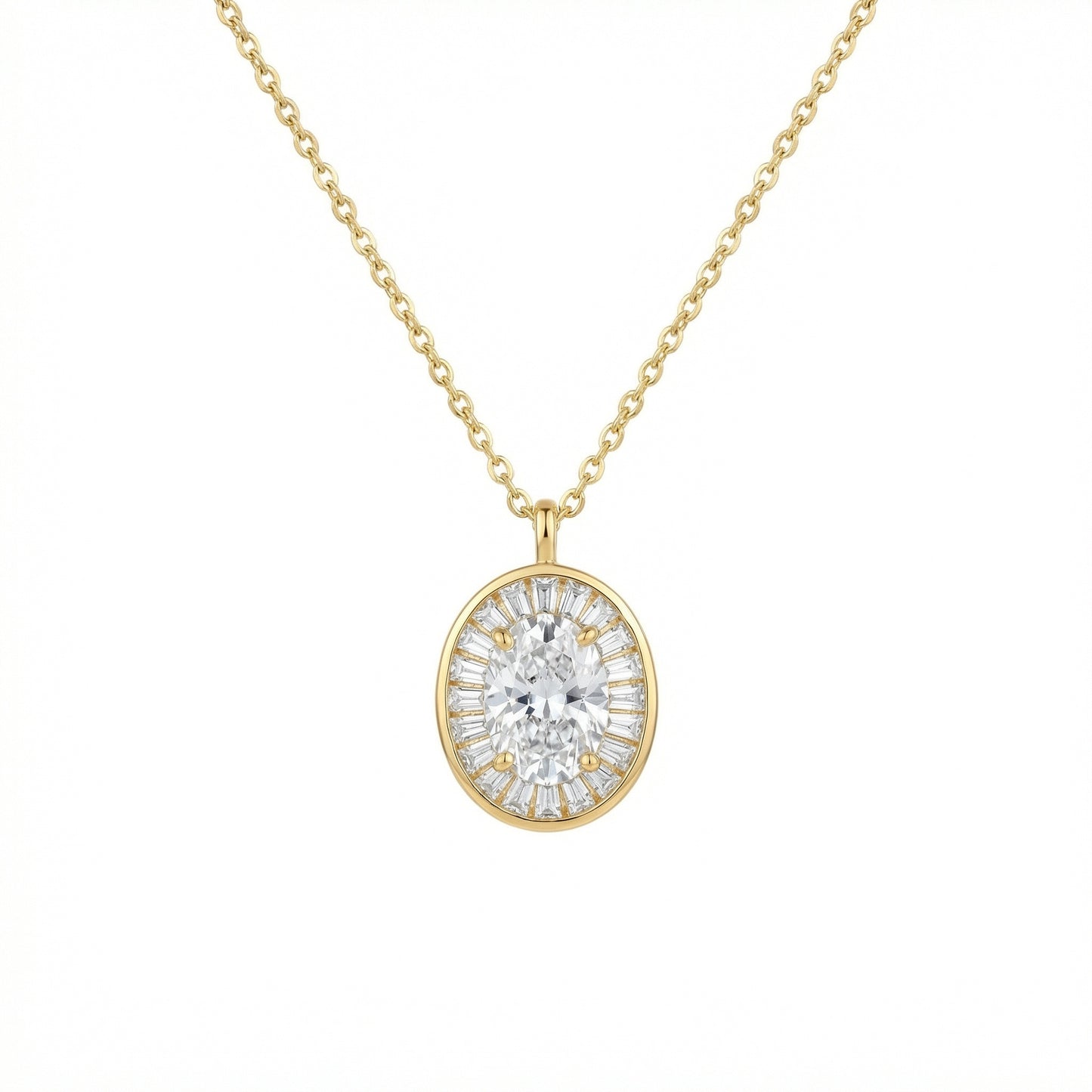 925 Sterling Silver Radiant Oval Diamond Sunburst Pendant Necklace with Baguette Accents
