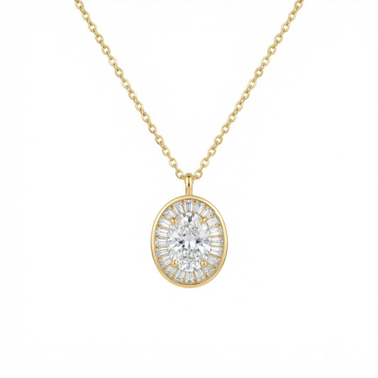 925 Sterling Silver Radiant Oval Diamond Sunburst Pendant Necklace with Baguette Accents