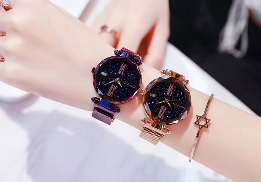 Starry Sky Women's Watch - Magnetic Mesh Band & Faceted Crystal Dial