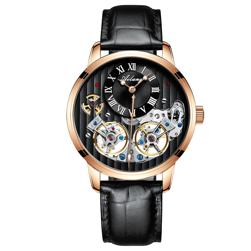 Luxury Double Flywheel Automatic Mechanical Watch – 41mm Stainless Steel Case,  Roman Dial Leather Strap