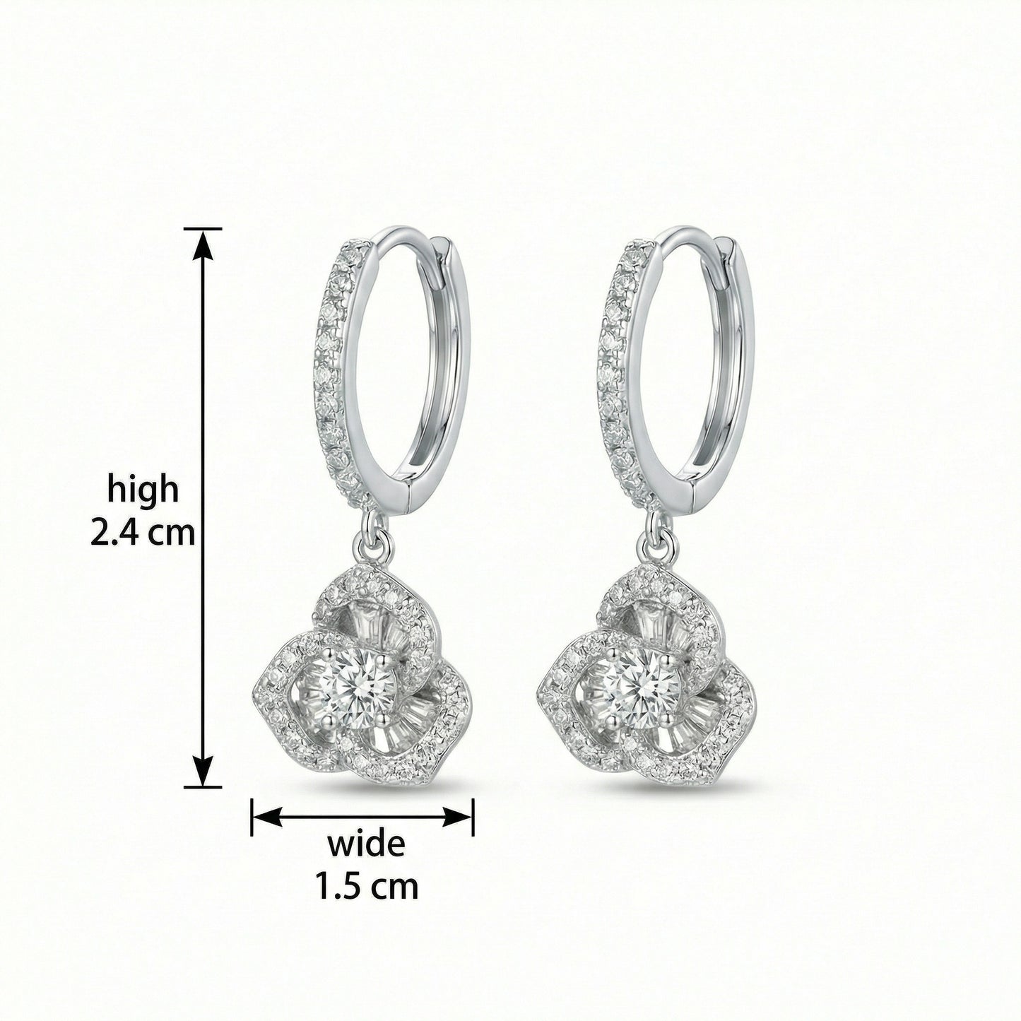 925 Sterling Silver Elegant Floral Bloom Dangle Earrings with Brilliant Round and Baguette Accents in Shimmering White Metal