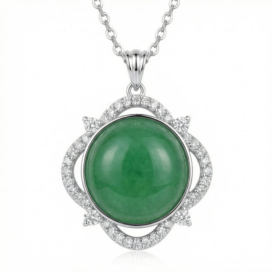 925 Sterling Silver Elegant Sterling Silver Green Jade Cabochon Pendant Necklace with Sparkling Halo Accents
