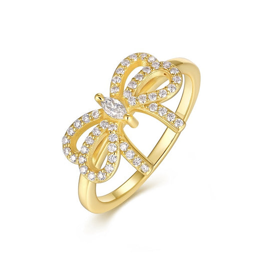 Luxury Gold Plated S925 Sterling Silver Bow Ring with D Color VVS Moissanite