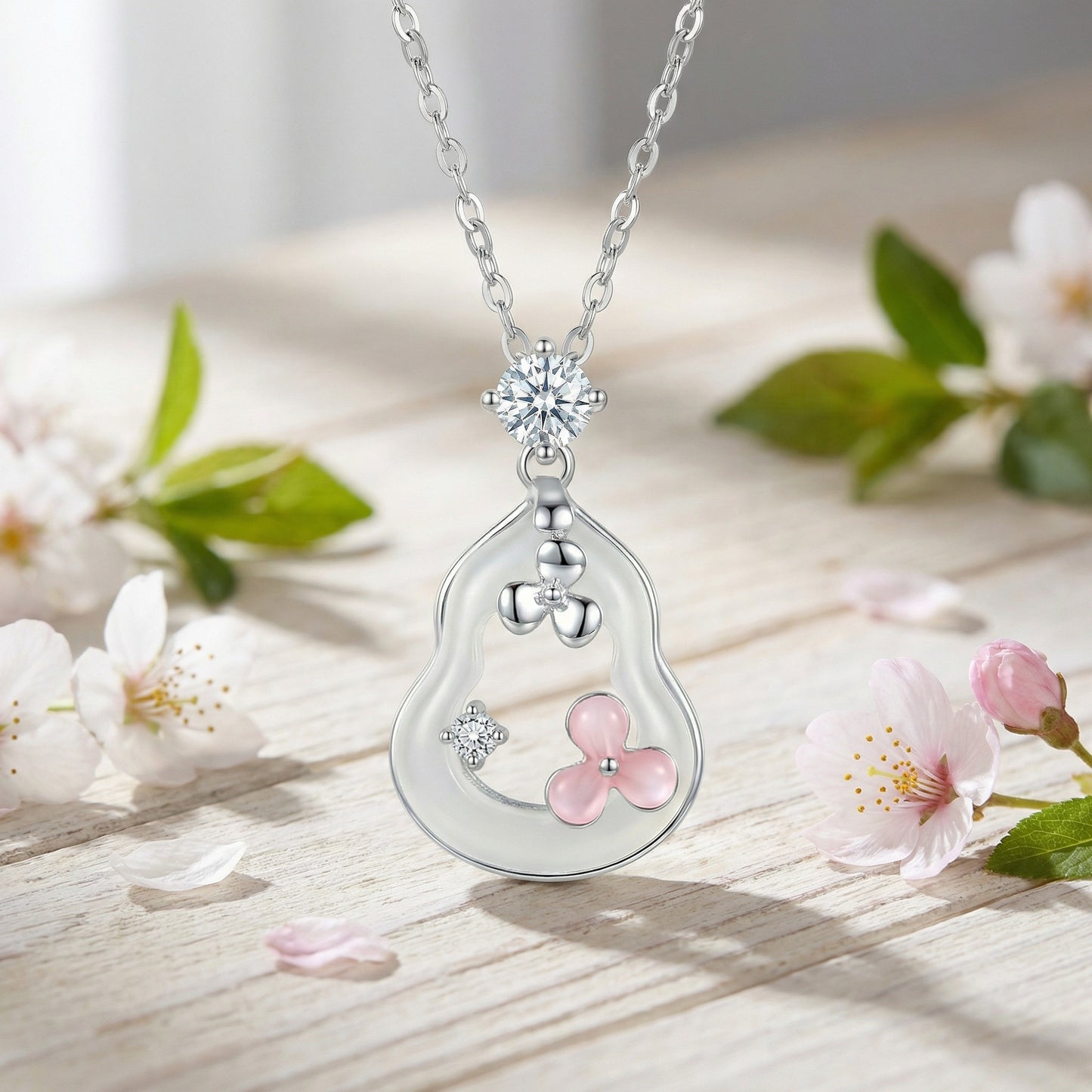 925 Sterling Silver Elegant Silver Gourd Pendant Necklace with Pink Floral and Crystal Accents