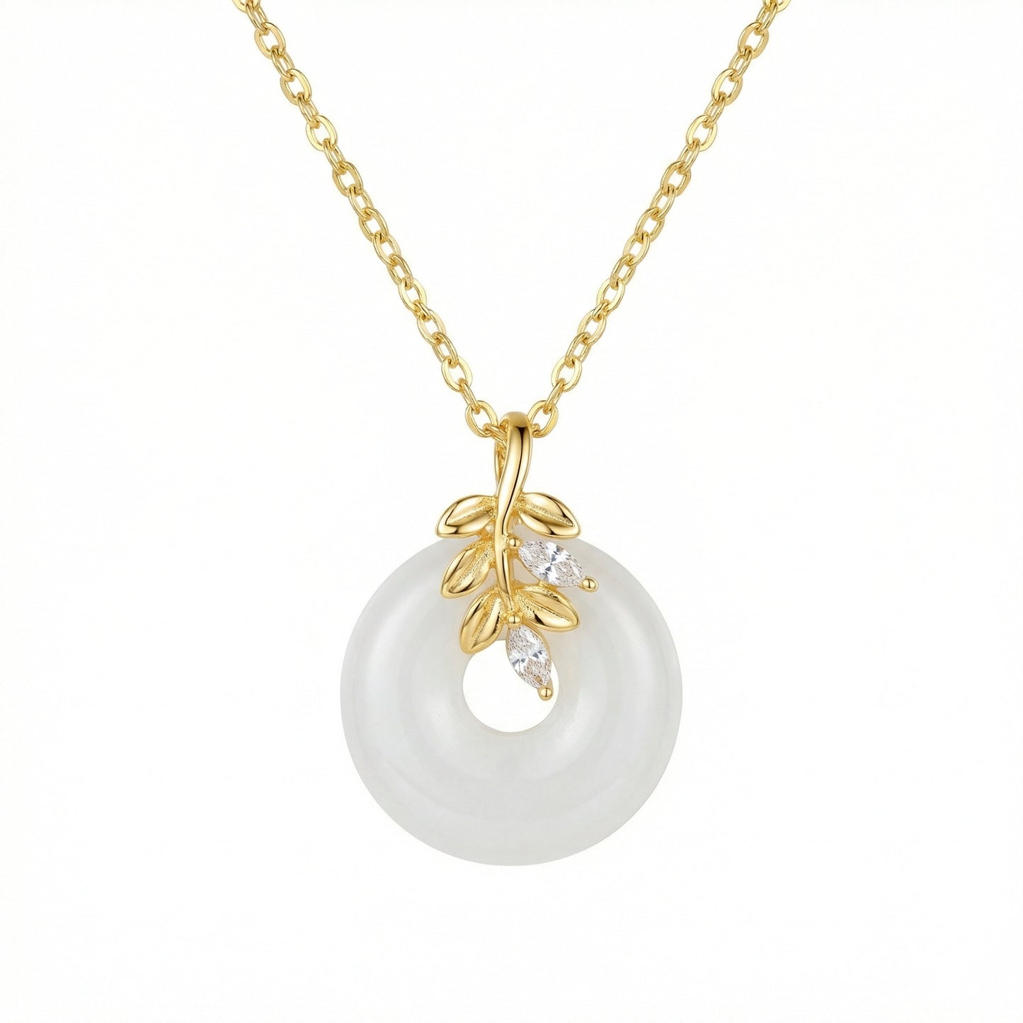 925 Sterling Silver Elegant White Jade Circle Pendant Necklace Featuring Ornate Leaf Branch and Marquise Accents