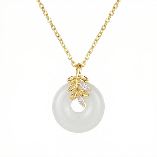 925 Sterling Silver Elegant White Jade Circle Pendant Necklace Featuring Ornate Leaf Branch and Marquise Accents