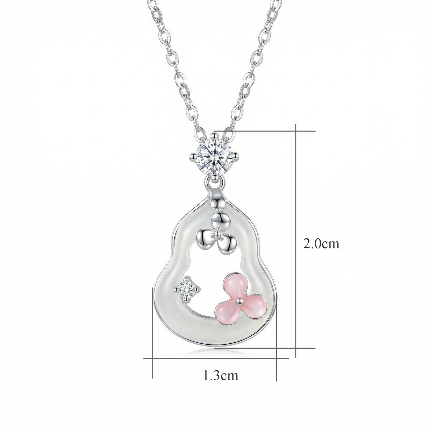 925 Sterling Silver Elegant Silver Gourd Pendant Necklace with Pink Floral and Crystal Accents