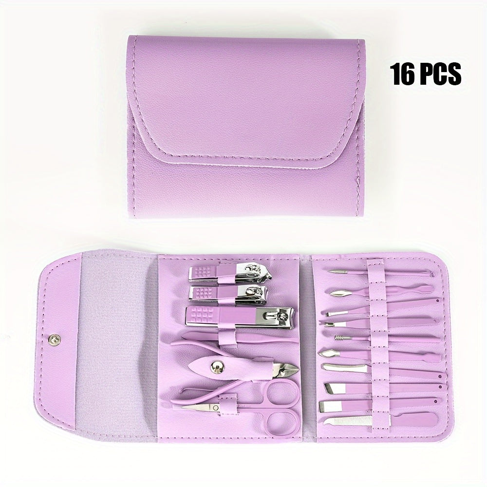 16pcs Multi-Functional Stainless Steel Manicure & Pedicure Tool Set with Folding Travel Bag