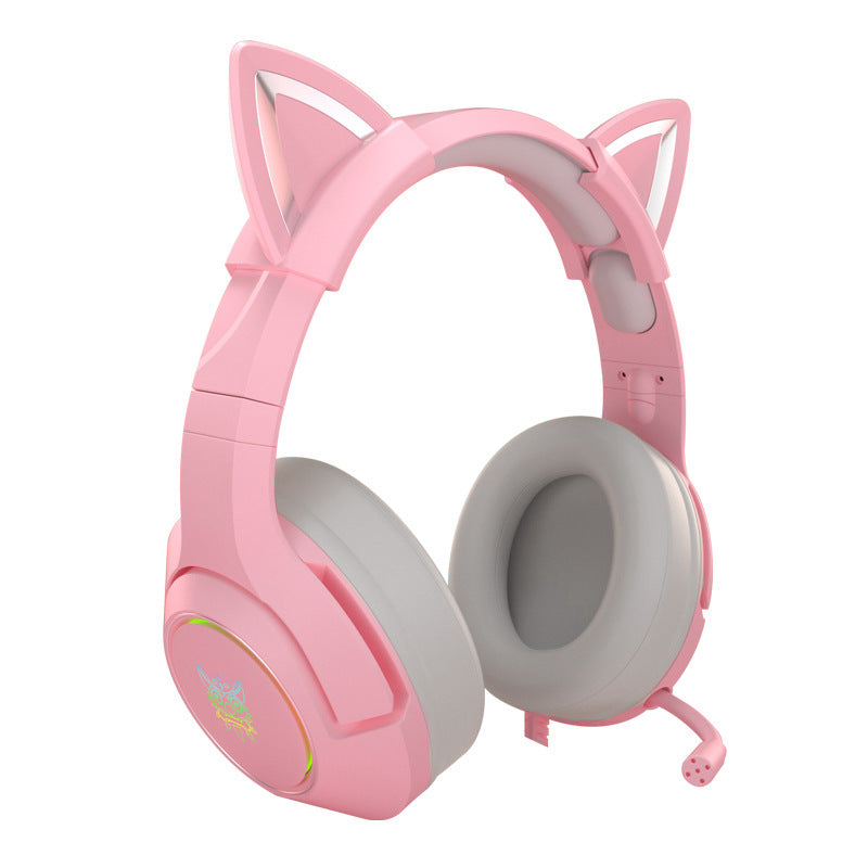 Casque de jeu RGB à réduction de bruit avec microphone et oreilles de chat amovibles.