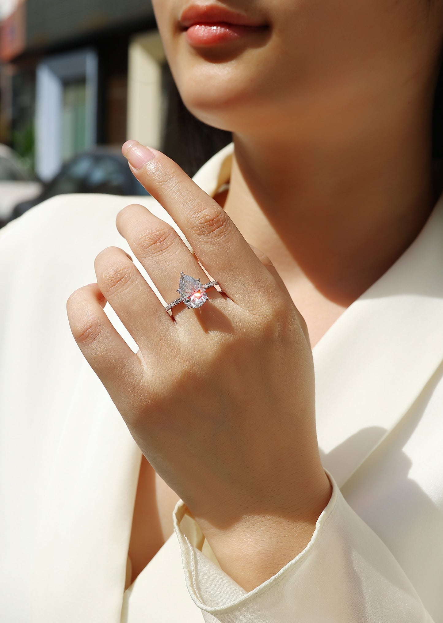 Light And Shadow - Luxury Silver Ring Set With Top-quality Pear-shaped Moissanite D Color VVS,  S925 In Silver And Platinum-plated