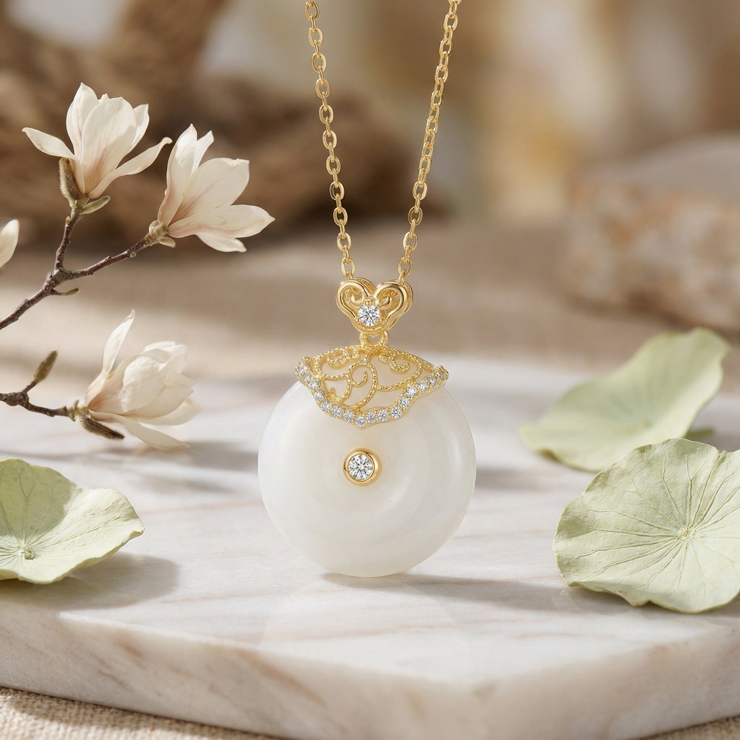 925 Sterling Silver Elegant White Jade Circle Pendant Necklace with Intricate Diamond Filigree