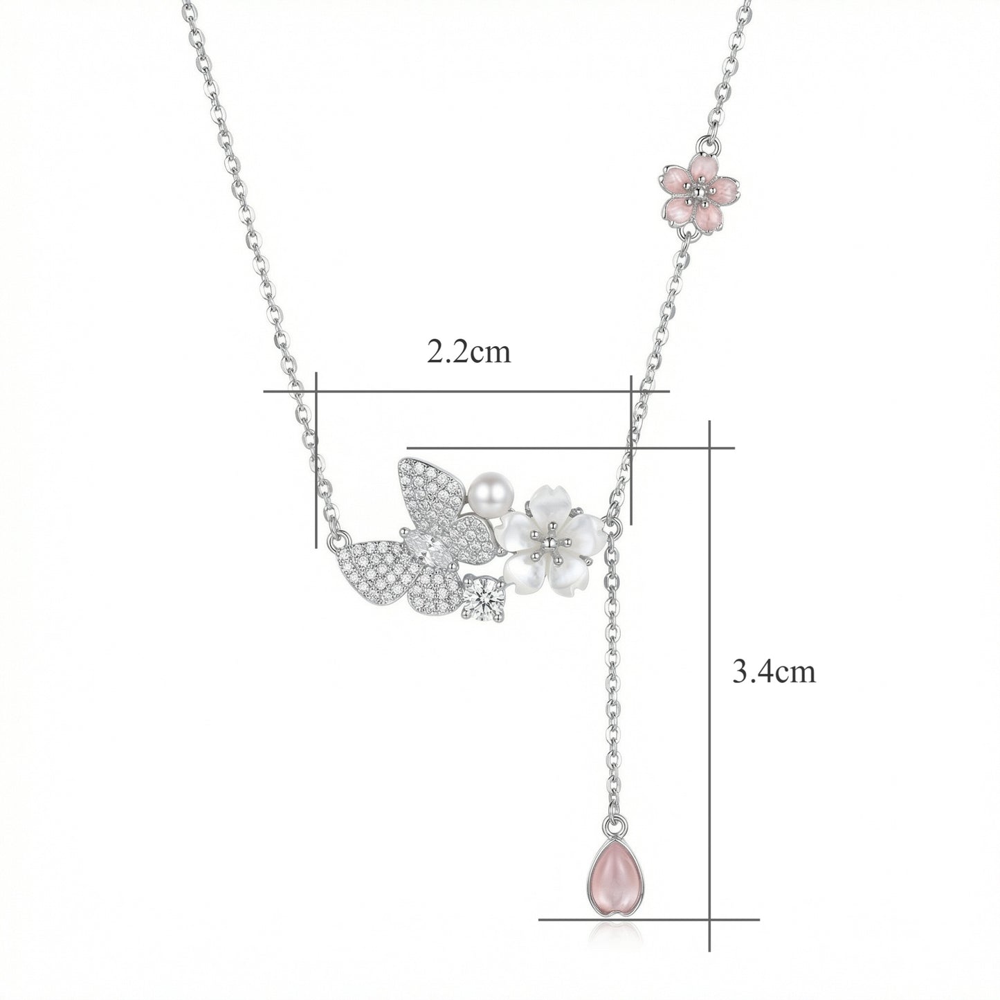 925 Sterling Silver Elegant Butterfly and Cherry Blossom Silver Necklace with Pink Pendant