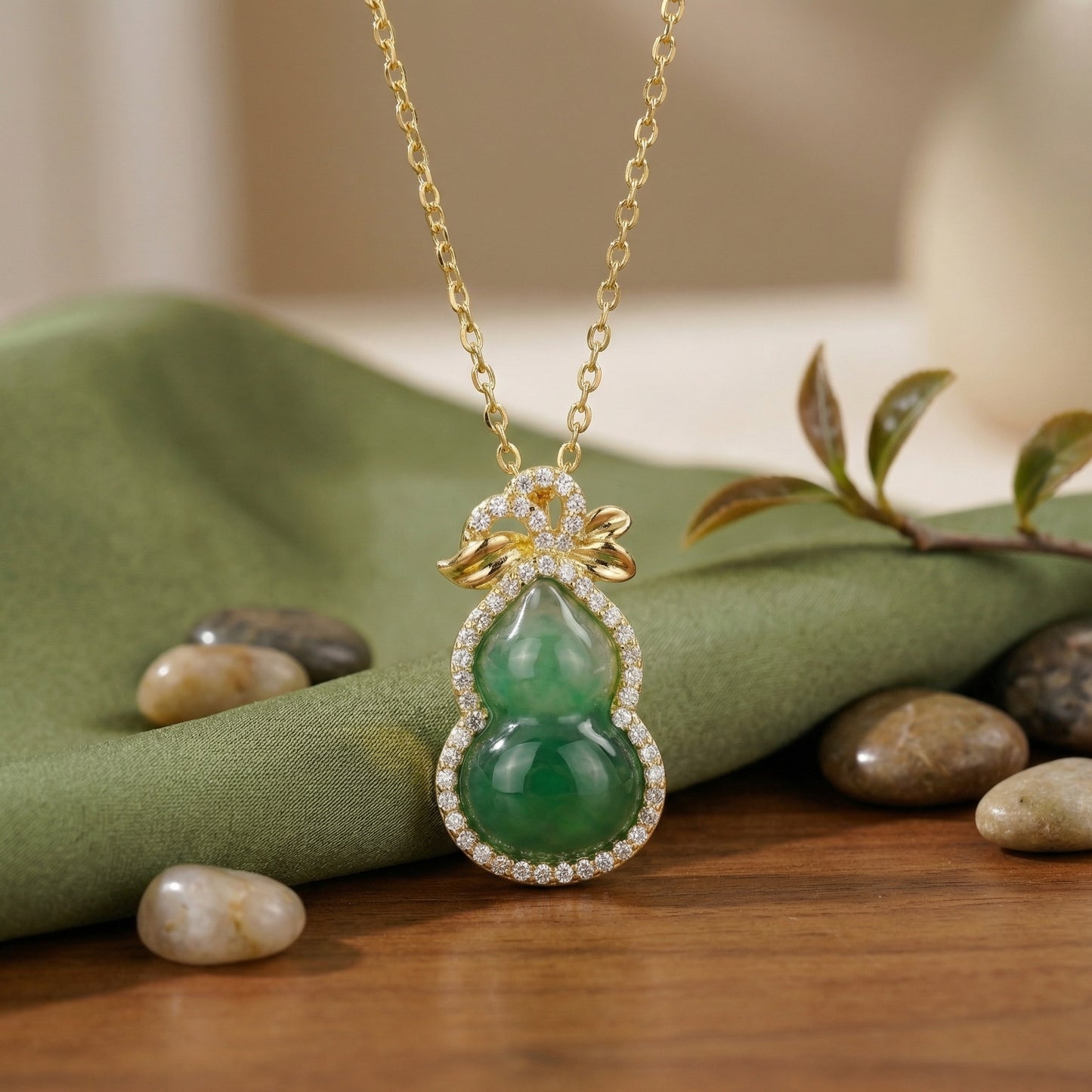 925 Sterling Silver Elegant Green Jadeite Calabash Pendant Necklace with Sparkling Diamond Accents and Bow Detail