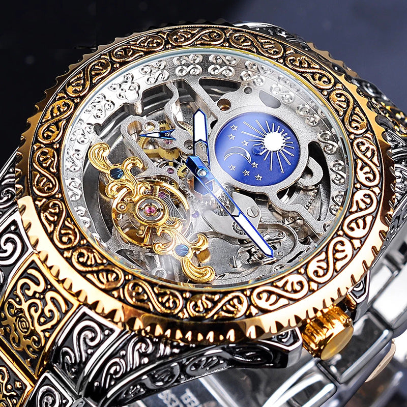 Luxury Men's Skeleton Carved Tourbillon Mechanical Watch - Automatic Self-Wind Wristwatch with Moon Phase