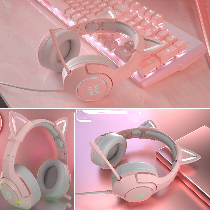 Casque de jeu RGB à réduction de bruit avec microphone et oreilles de chat amovibles.