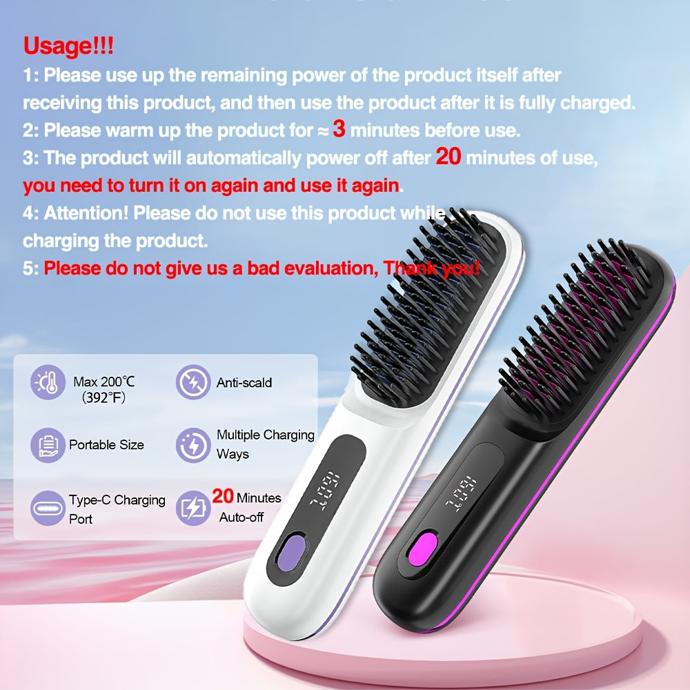 Cordless Hair Straightener Brush: Rapid Heating, USB Rechargeable Hot Comb for Women