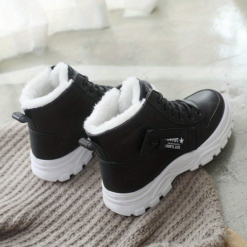 Women'S Winter High-Top Boots - Warm Fleece-Lined Ankle Boots with Thick Sole, Lace-Up Casual Style