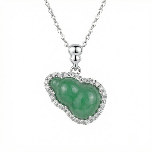 925 Sterling Silver Green Jadeite Hulu Gourd Pendant Necklace with Diamond Halo Surround