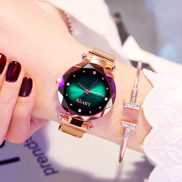 Women’s Fashion Rose Gold Starry Sky Watch, Diamond Dial & Magnetic Strap