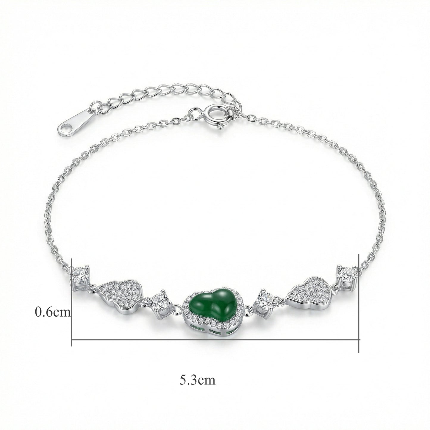 925 Sterling Silver Elegant Silver Heart Bracelet Featuring Green Gemstone and Sparkling Pavé Zirconia Accents