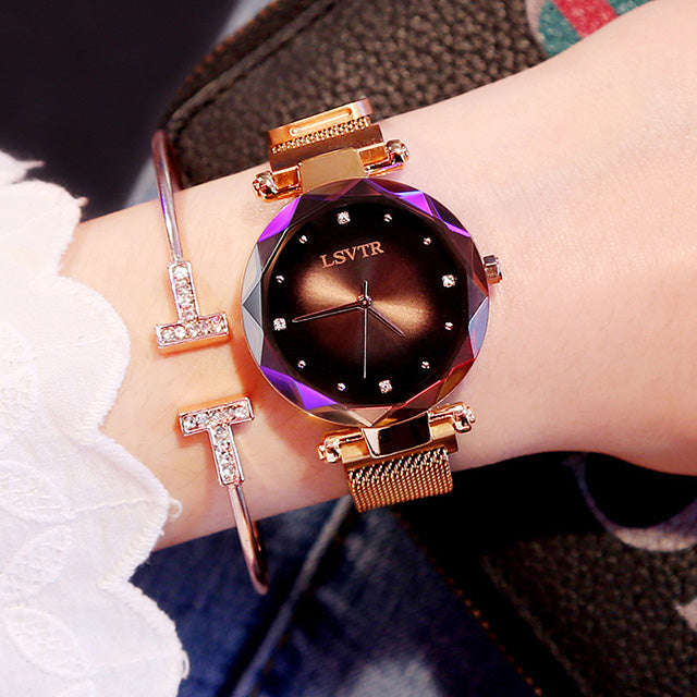 Women’s Fashion Rose Gold Starry Sky Watch, Diamond Dial & Magnetic Strap