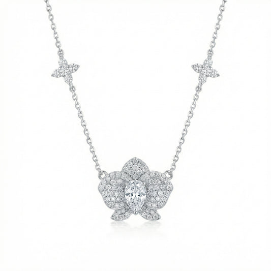 925 Sterling Silver Elegant Diamond Orchid Pendant Necklace with Pear-Cut Center Stone