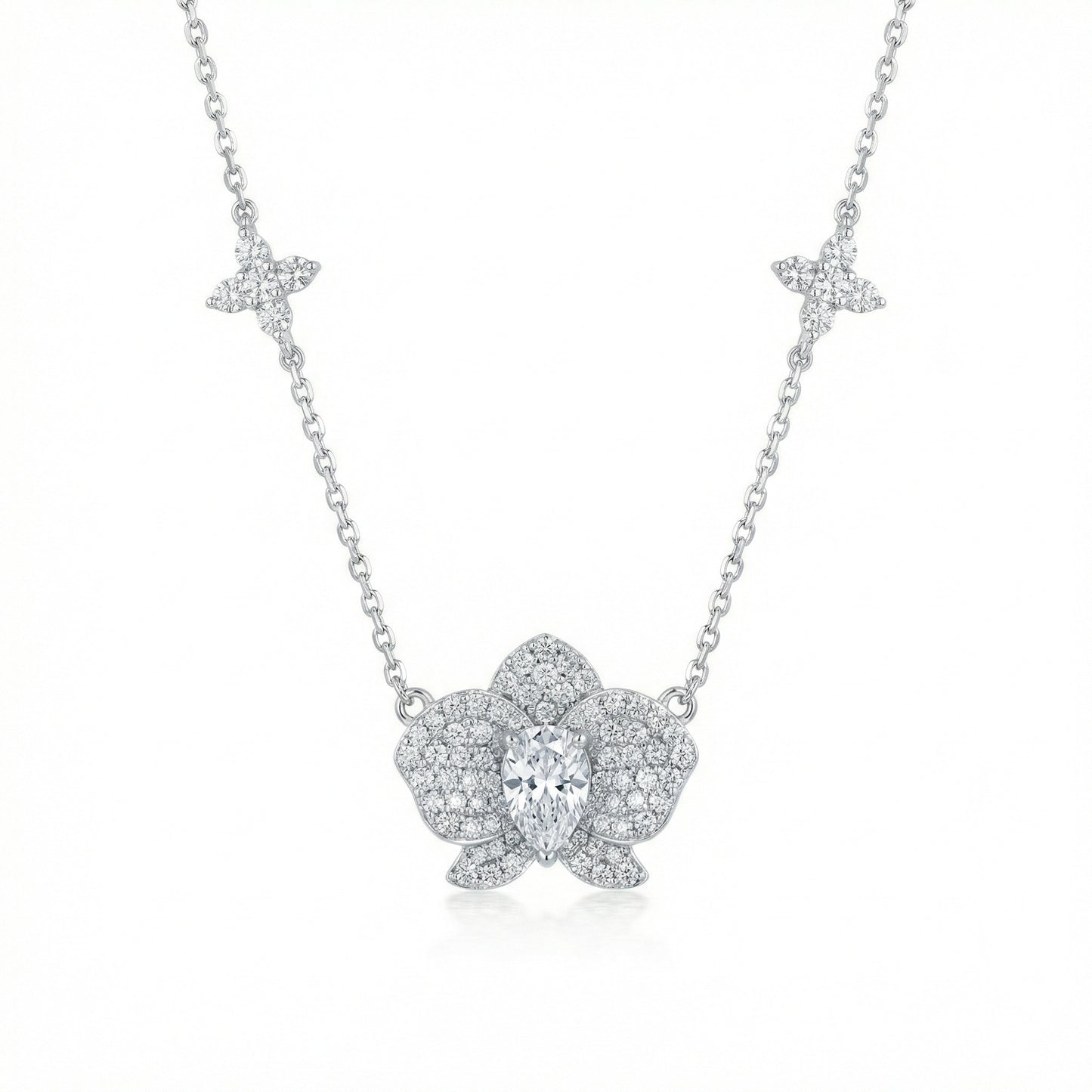 925 Sterling Silver Elegant Diamond Orchid Pendant Necklace with Pear-Cut Center Stone
