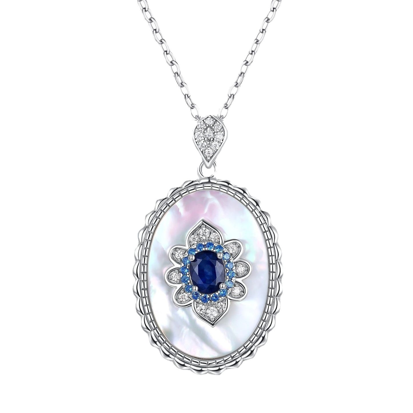 Women’s 925 Sterling Silver Necklace with Sapphire & Diamond Pendant