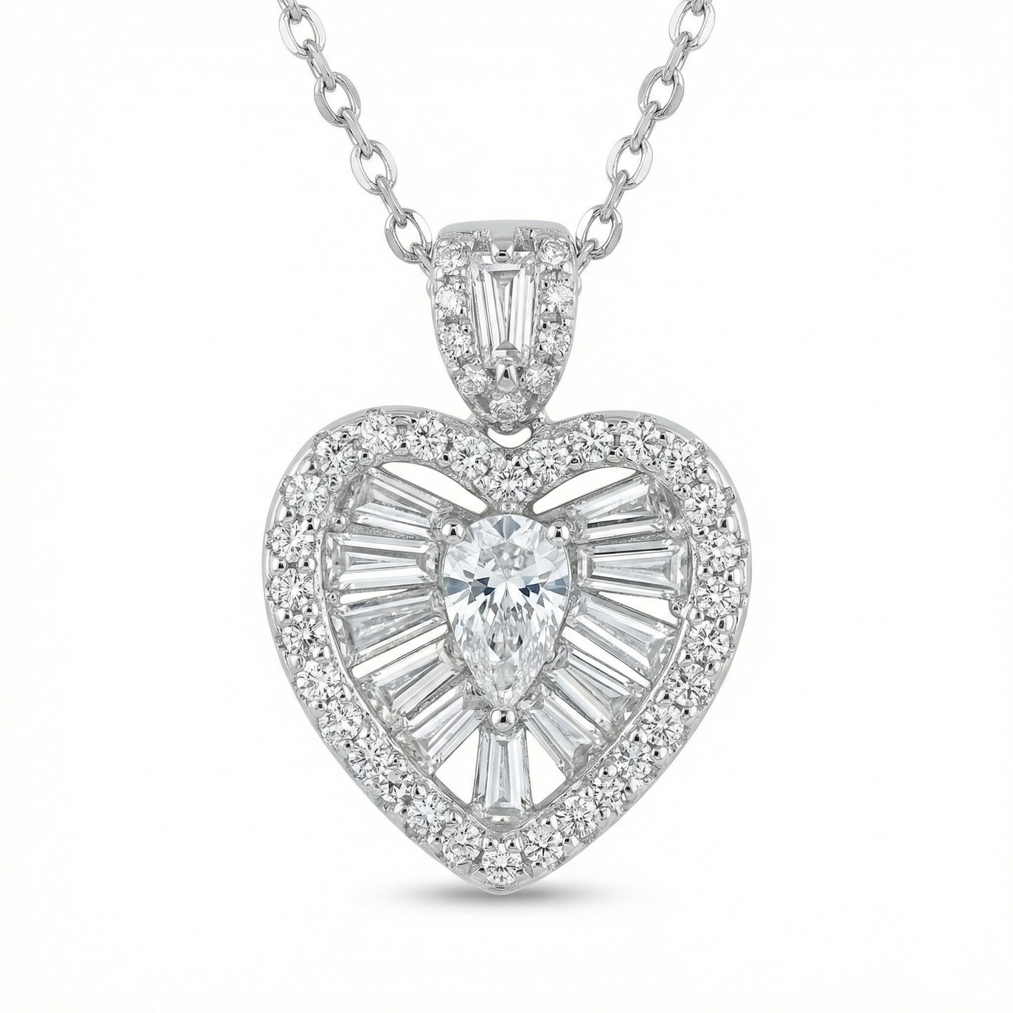 925 Sterling Silver Radiant Heart-Shaped Diamond Necklace with Pear-Cut Center and Baguette Accents