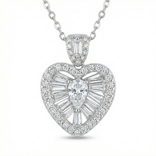925 Sterling Silver Radiant Heart-Shaped Diamond Necklace with Pear-Cut Center and Baguette Accents
