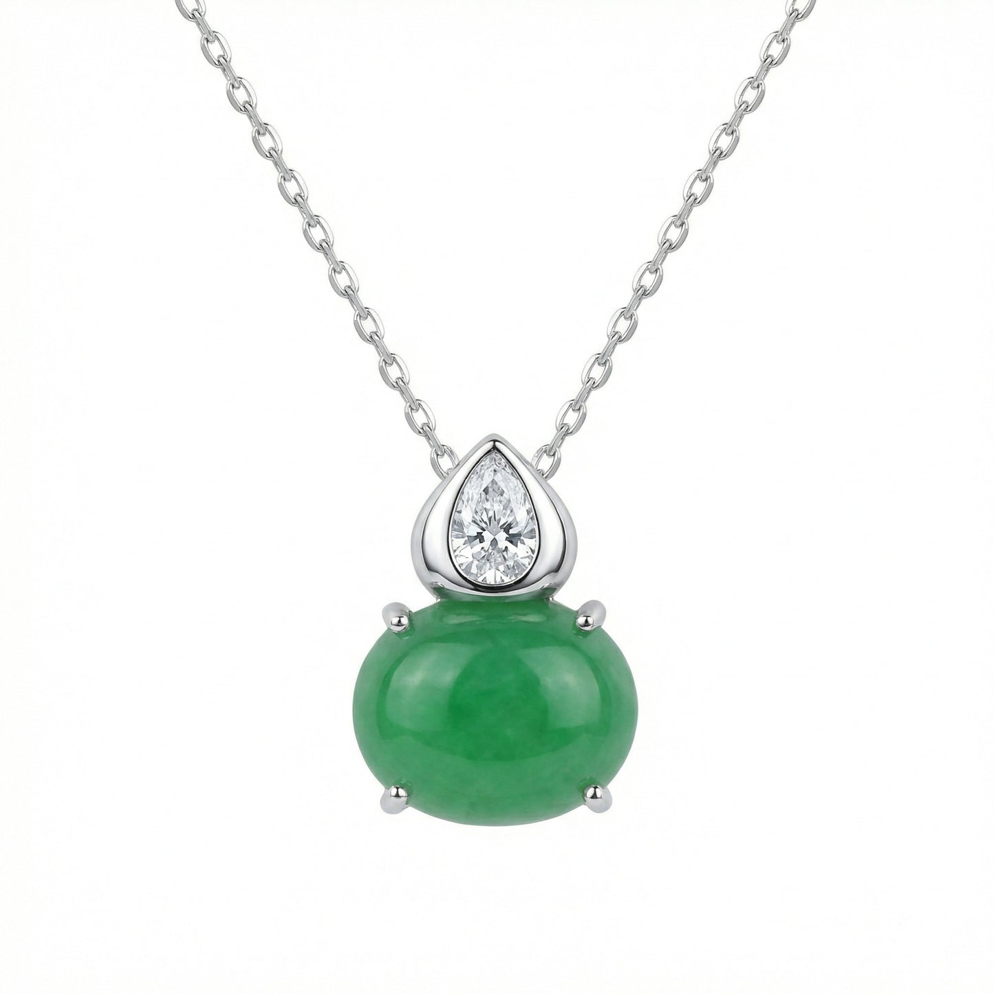 925 Sterling Silver Pear-Cut Diamond and Green Jadeite Cabochon Gourd Pendant Necklace