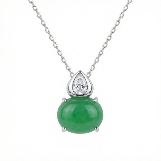 925 Sterling Silver Pear-Cut Diamond and Green Jadeite Cabochon Gourd Pendant Necklace