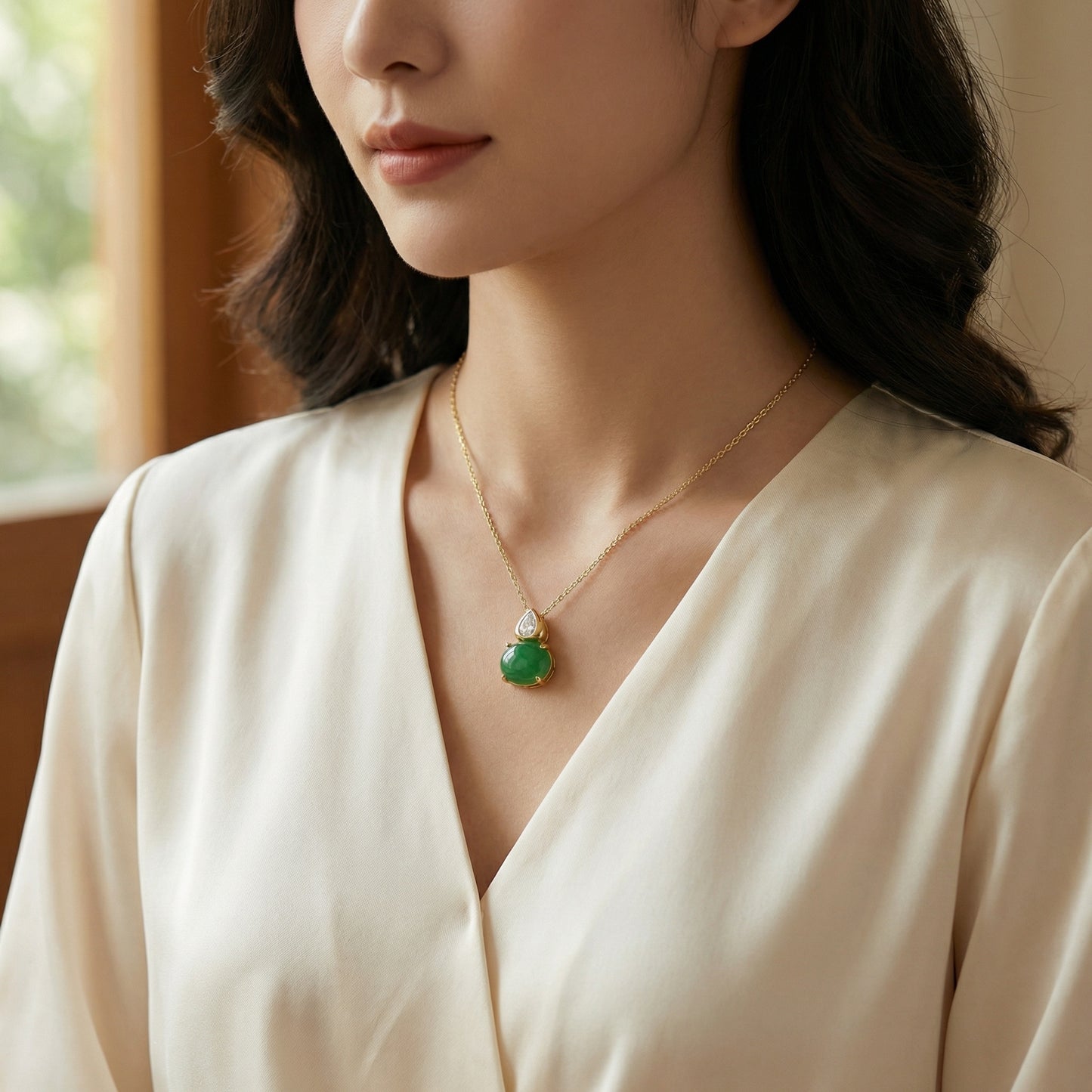 925 Sterling Silver Pear-Shaped Diamond and Green Jadeite Cabochon Necklace Pendant