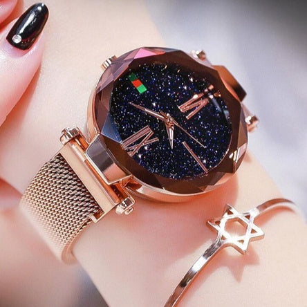 Starry Sky Women's Watch - Magnetic Mesh Band & Faceted Crystal Dial