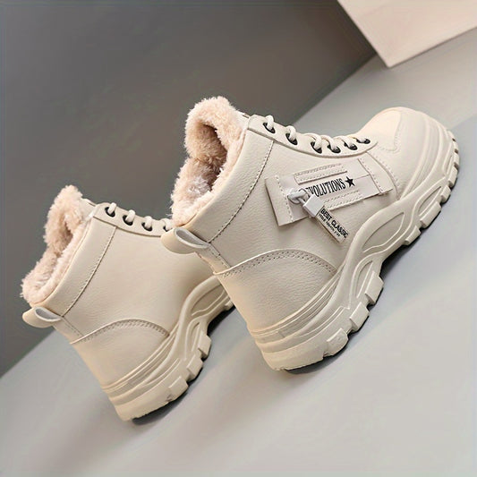 Women'S Winter High-Top Boots - Warm Fleece-Lined Ankle Boots with Thick Sole, Lace-Up Casual Style