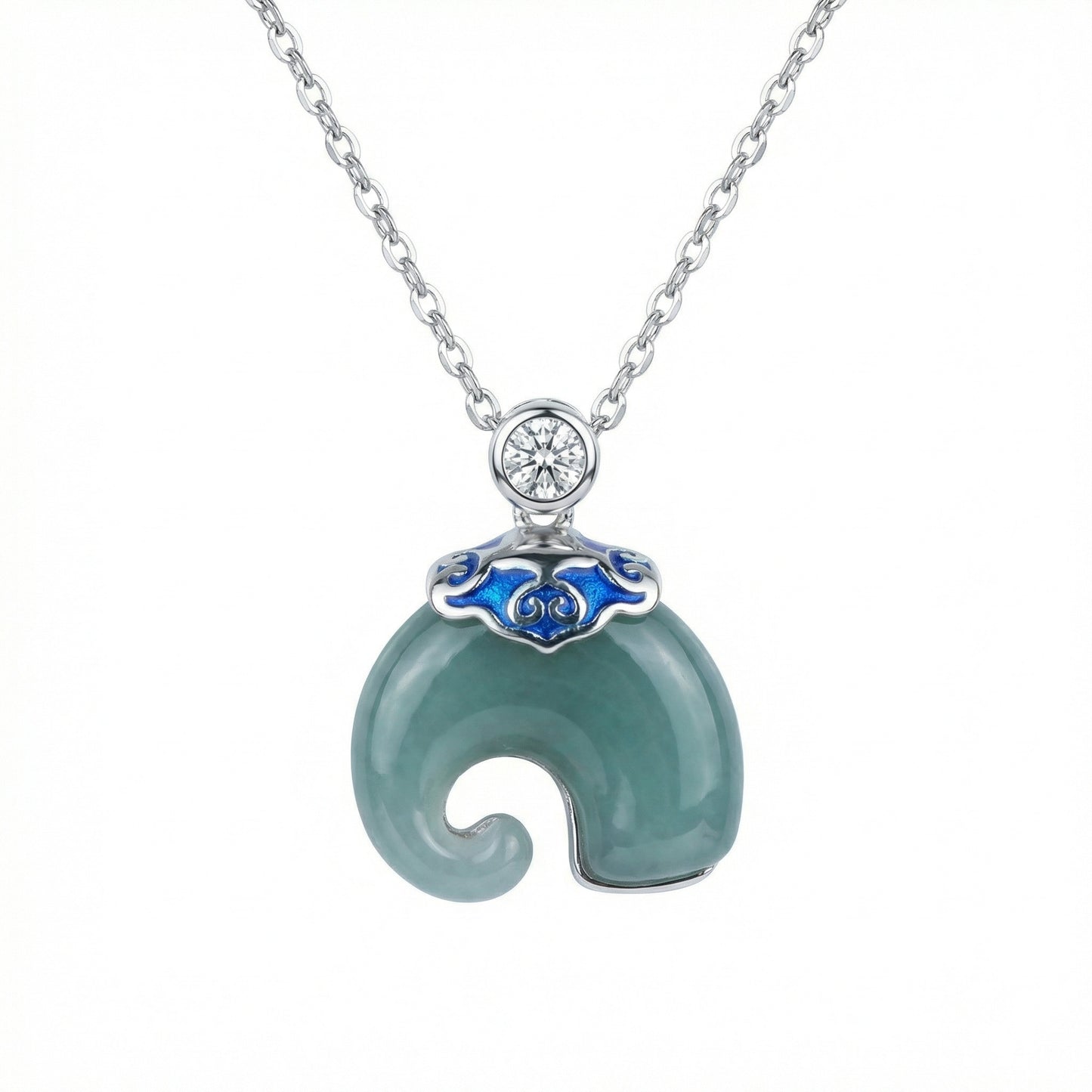 925 Sterling Silver Elegant Silver-Tone Green Jade Pendant Necklace with Blue Enamel and Sparkling Crystal